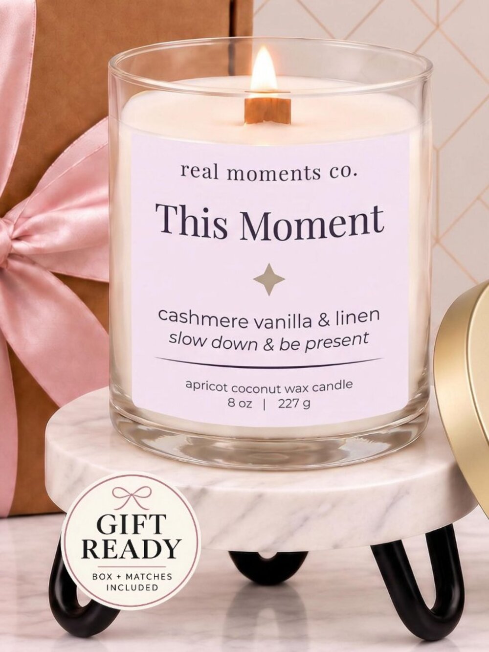 This Moment Candle, Cashmere Vanilla & Linen, Self Care Candle Gift Set